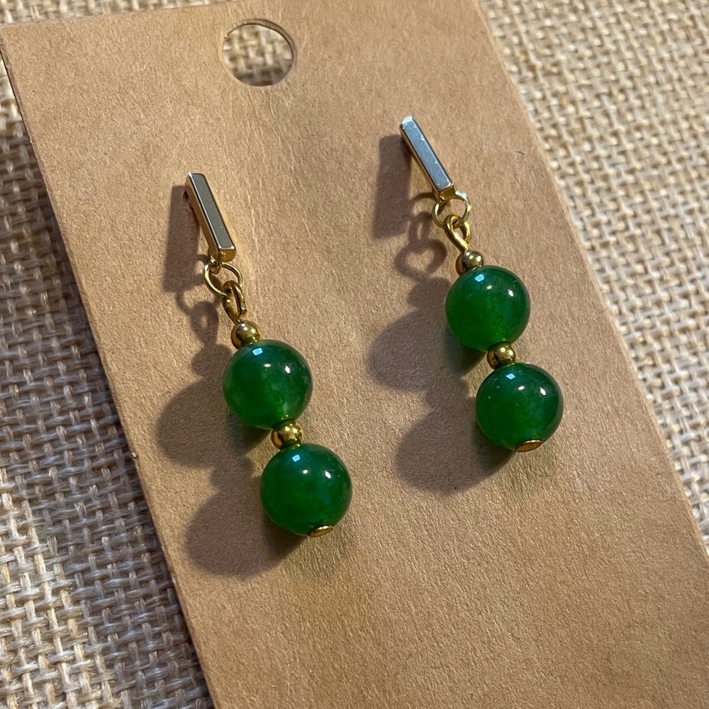 Jade Dangle Ball Drop Earrings - Green Jade Bead Gold Accents
